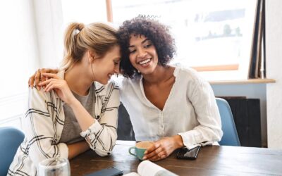 Two happy young women friends sitting at the cafe, having coffee